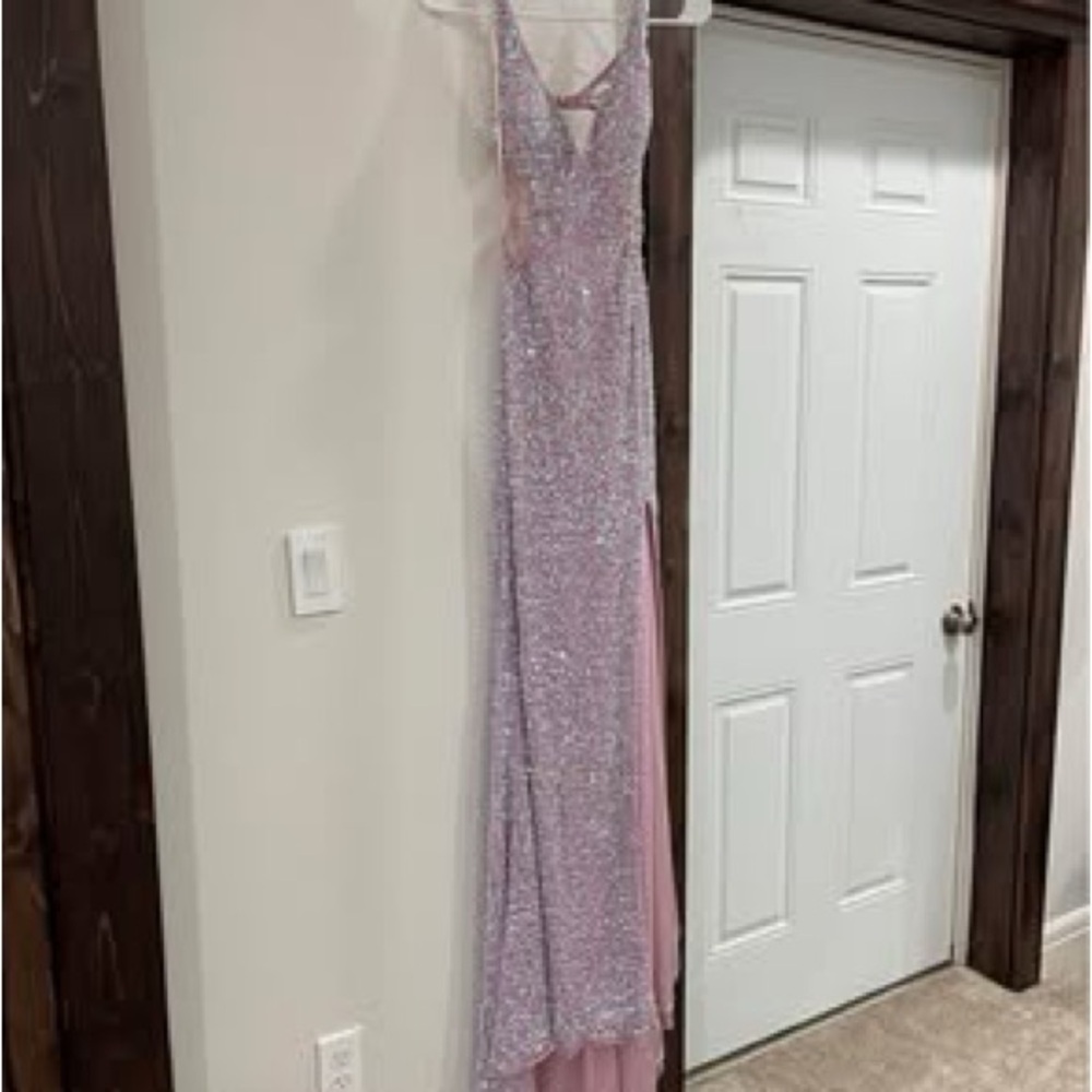 Silver and Purple Prom Dress with Shimmery Fabric and Flowing Skirt